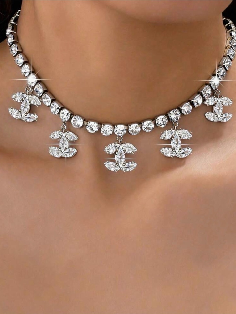 Crystal Charm Silver Choker Necklace - Women's Jewelry - Picture 1 of 4